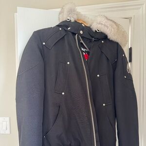 Moose Knuckles Black Bomber Jacket with White Fox Fur